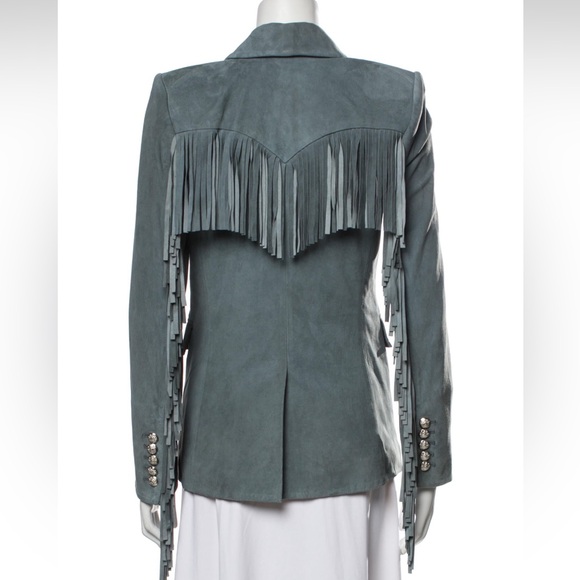 SOLD Veronica Beard XS Leather Suede Fringe Dickey Jacket Blazer Coat Green Grey - Picture 8 of 14